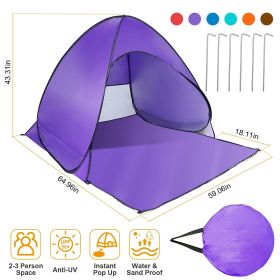 Pop Up Beach Tent Sunshade Shelter Anti-UV Automatic Waterproof Tent Canopy for 2/3 Man w/ Net Window Storage Bag (Color: Purple)
