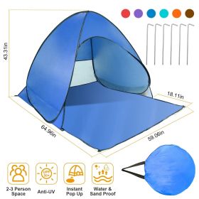 Pop Up Beach Tent Sunshade Shelter Anti-UV Automatic Waterproof Tent Canopy for 2/3 Man w/ Net Window Storage Bag (Color: Blue)